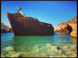 A rusty shipwreck at the small bay of Livero, on the Greek island of Amorgos