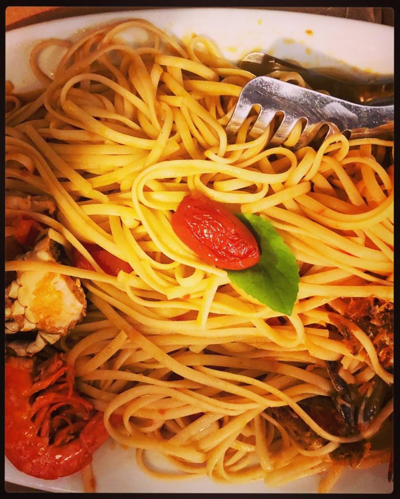 Astakomakaronada (lobster spaghetti) at Stamatia's tavern in Skyros