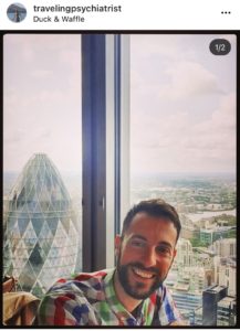 At Duck & Waffle, with the Gherkin in the background