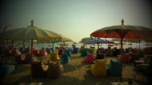 In Seminyak, the beachfront is lined with bars, where you can watch the sunset while relaxing in a colourful bean bag